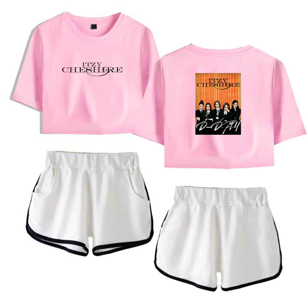 Itzy cheshire pink swag crop top and shorts set featuring the group’s image and signature style perfect for fans of Justin Bieber swag merch.