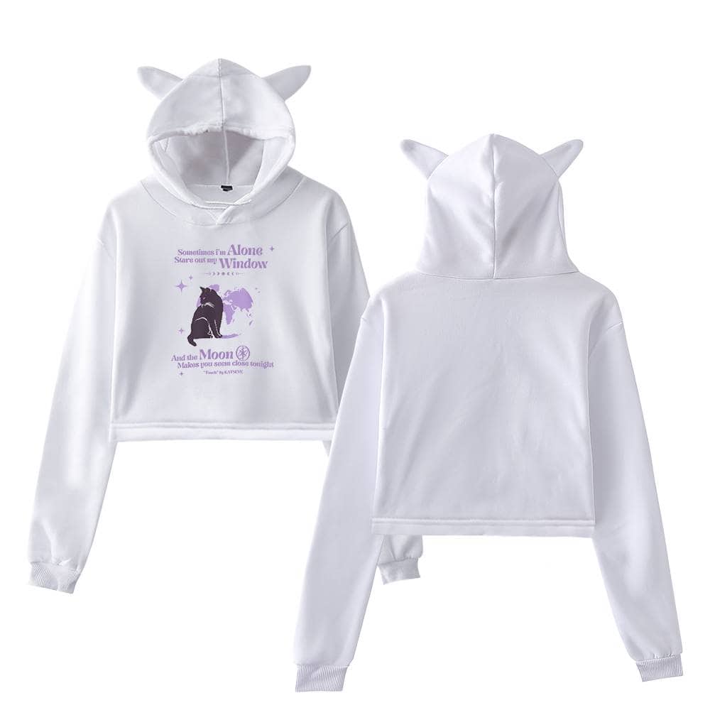 White hoodie and sweatpants set with cute animal ears on the hood, showcasing Justin Bieber swag merch with a whimsical, stylish design.