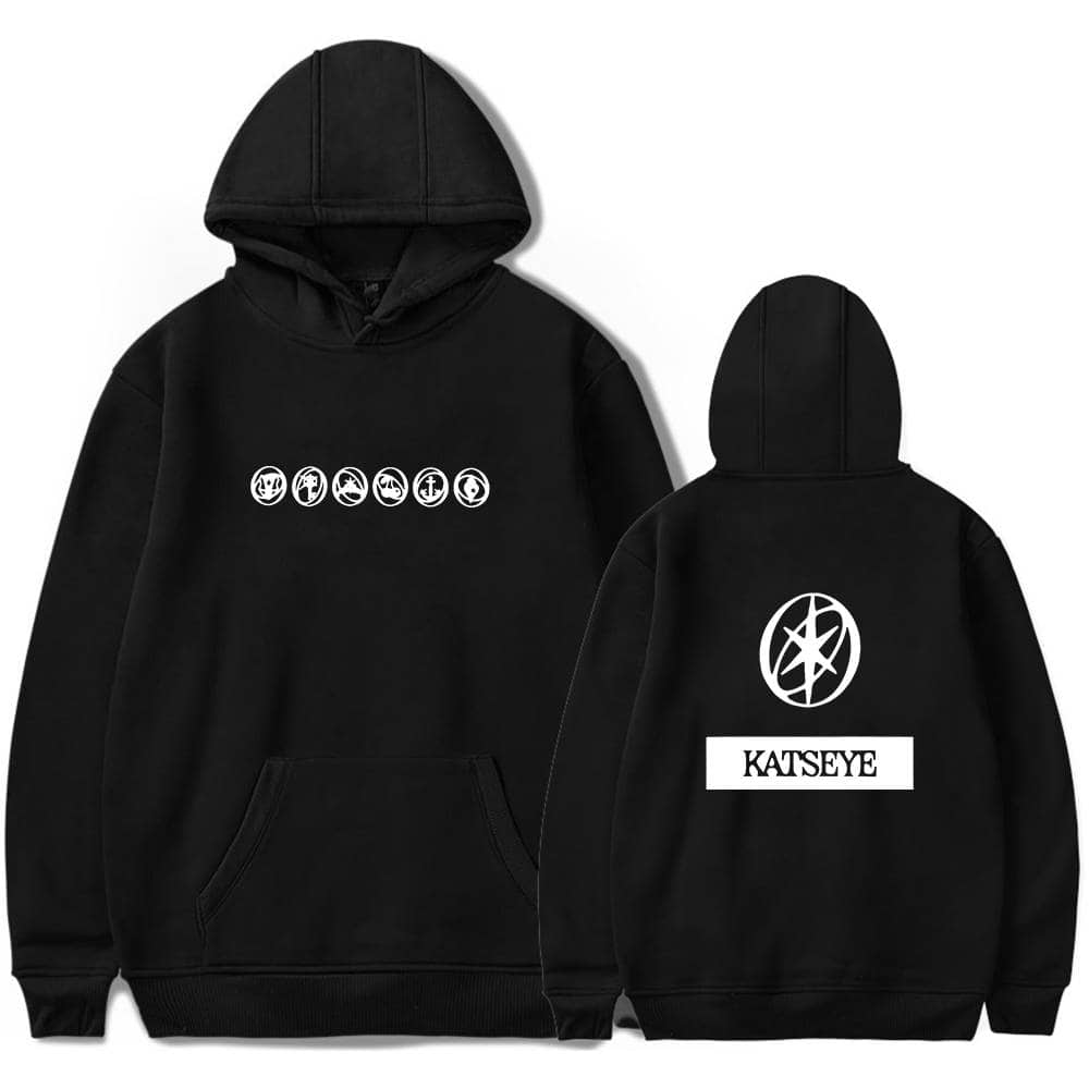 Hip hop style hoodie with Justin Bieber swag merch design featuring "KATSEYE" text and celestial graphic front and back black sweatshirt casual streetwear.