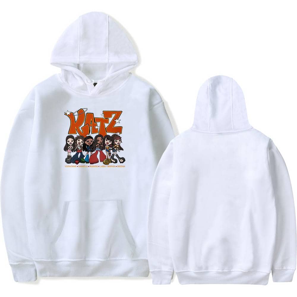 Cute white hoodie featuring cartoon girls and bold "KATZ" logo, perfect for Justin Bieber swag merch fans. Stylish and comfortable streetwear inspired by pop culture icons.