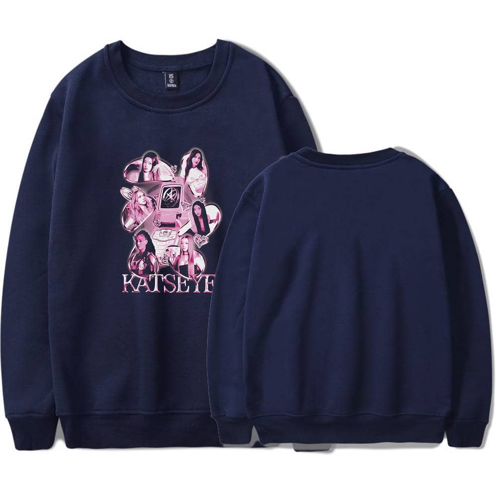 Katy Perry swag sweatshirt with animated girl graphics and pink accents on navy blue fabric.