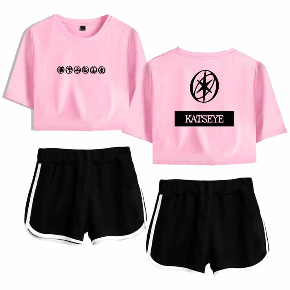 Pink crop top with black graphic print and matching black shorts with white trim, inspired by Justin Bieber swag merch.