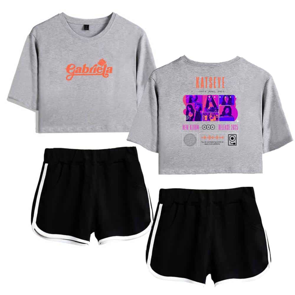 Gabriela cropped sweatshirt with orange logo and Kaseye graphic sweatshirt featuring images of Kaseye, released in 2025, with promotional text and album details.