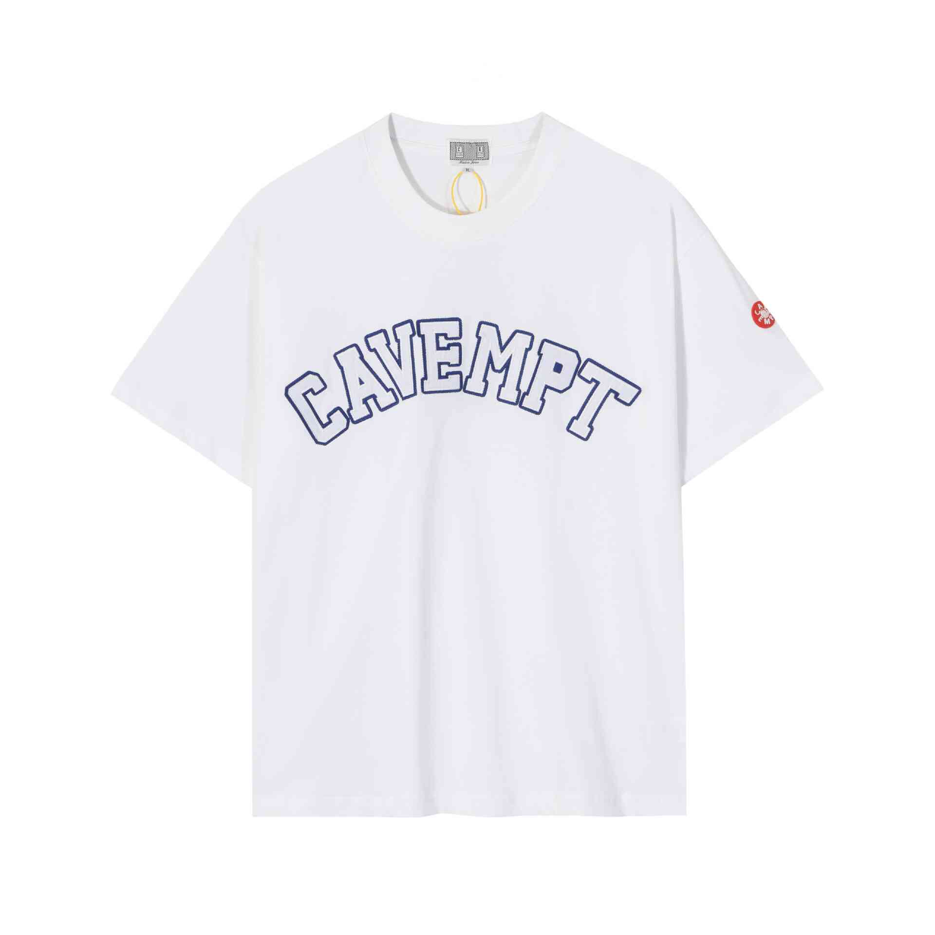 Cavempt white graphic T-shirt with bold lettering and red logo patch on sleeve Justin Bieber swag merch casual streetwear style.