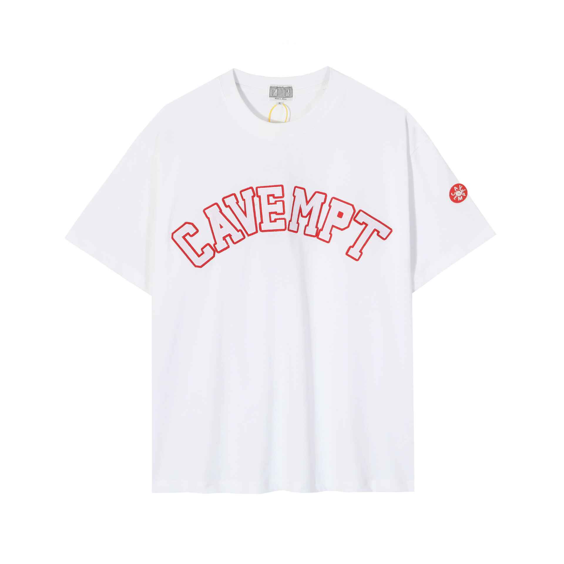 White Justin Bieber "CAVEMPT" band logo graphic T-shirt with red text and emblem details. Perfect swag merch for fans to showcase their style and support.