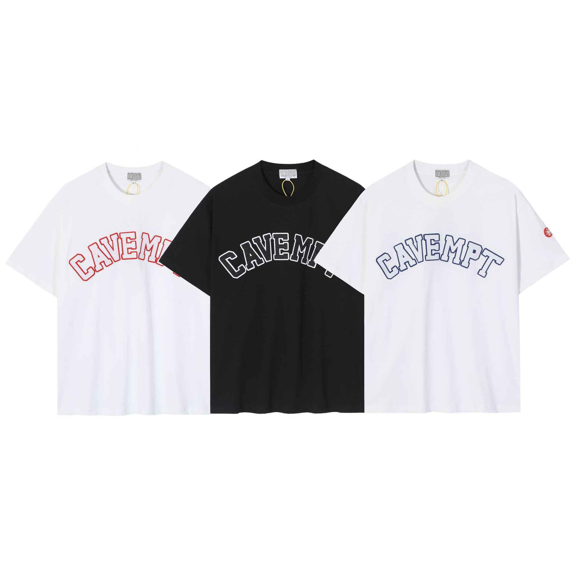 Cavempt branded t-shirts in white, black, and white with colorful text, featuring a casual streetwear style. Perfect for fans of Justin Bieber-inspired swag merchandise.