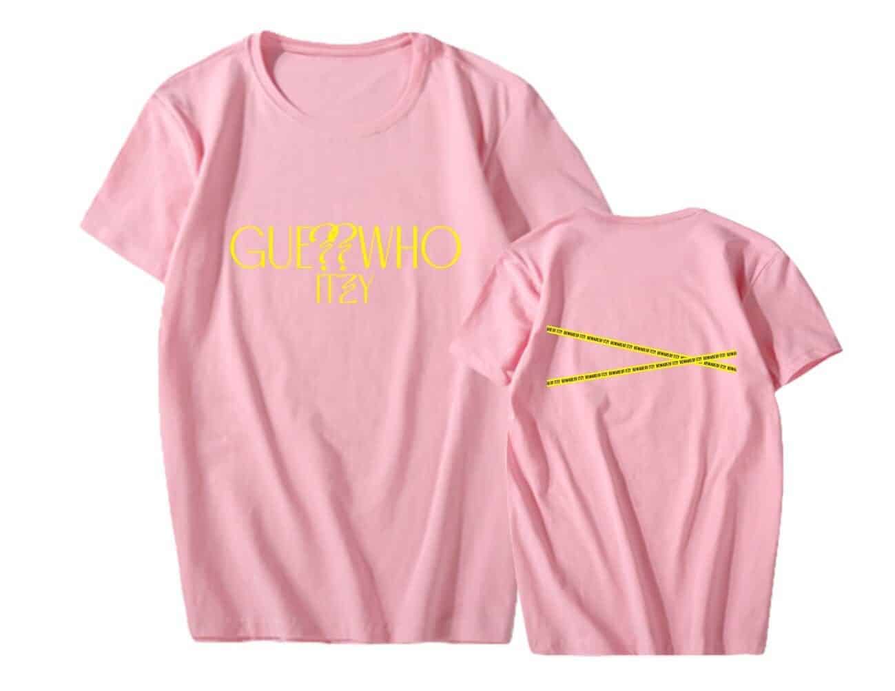 Guyswo itzy pink swag merch t-shirt, casual streetwear featuring bold graphic text and yellow tape detail, inspired by Justin Bieber's fashion style and pop culture. perfect for fans seeking trendy, comfortable merchandise.