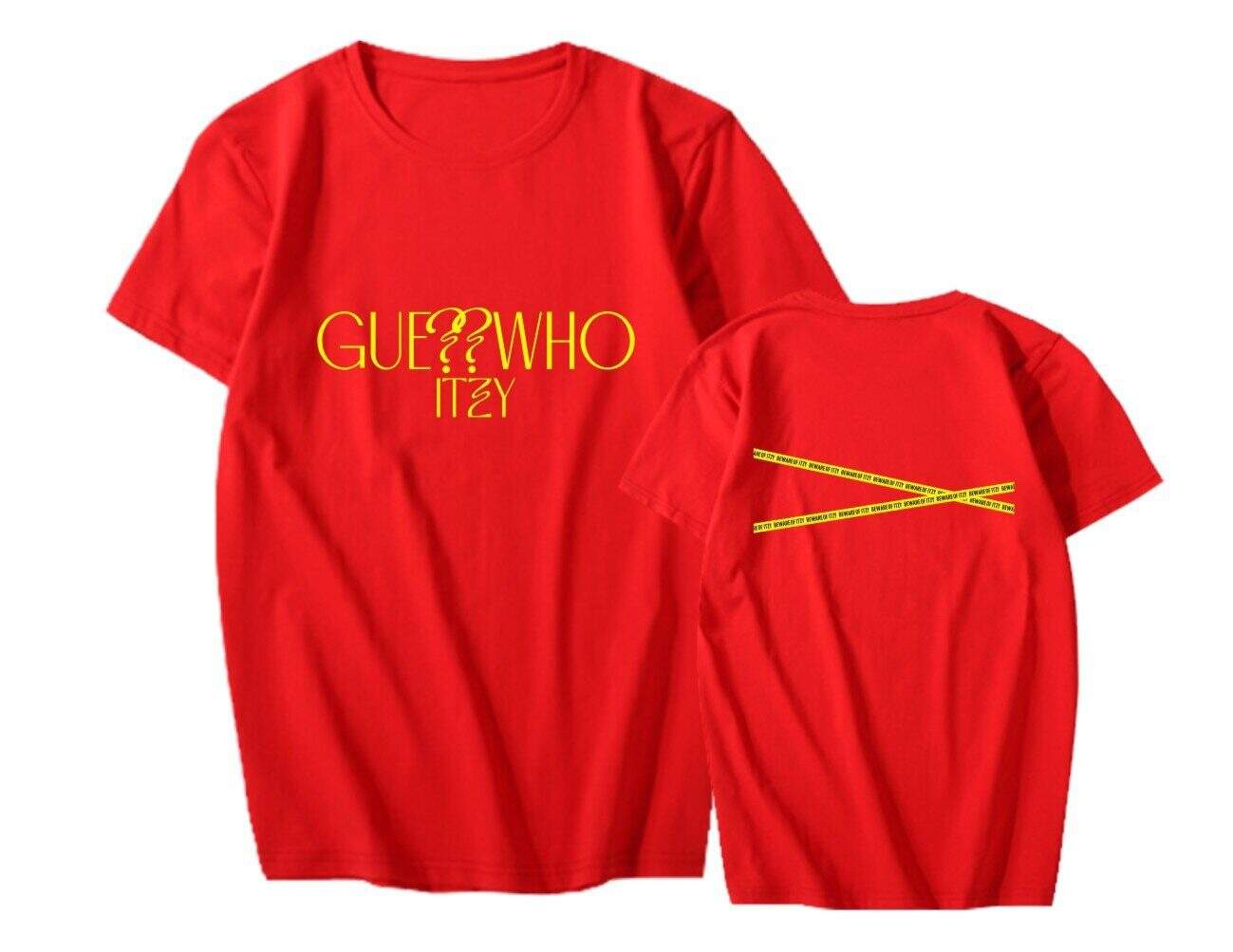 GUESS WHO ITZY red graphic T-shirt with bold yellow text, trendy streetwear style for fans of Justin Bieber swag merch. Perfect for fashion-forward casual looks.