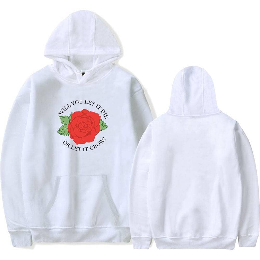 White hoodie with a red rose graphic and the text "Will you let it die or let it grow?".