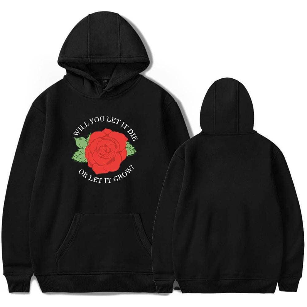 Rose graphic hoodie with Justin Bieber swag merchandise, featuring a bold phrase. Perfect for fans wanting stylish, rapper-inspired streetwear. Comfortable and trendy for everyday wear.