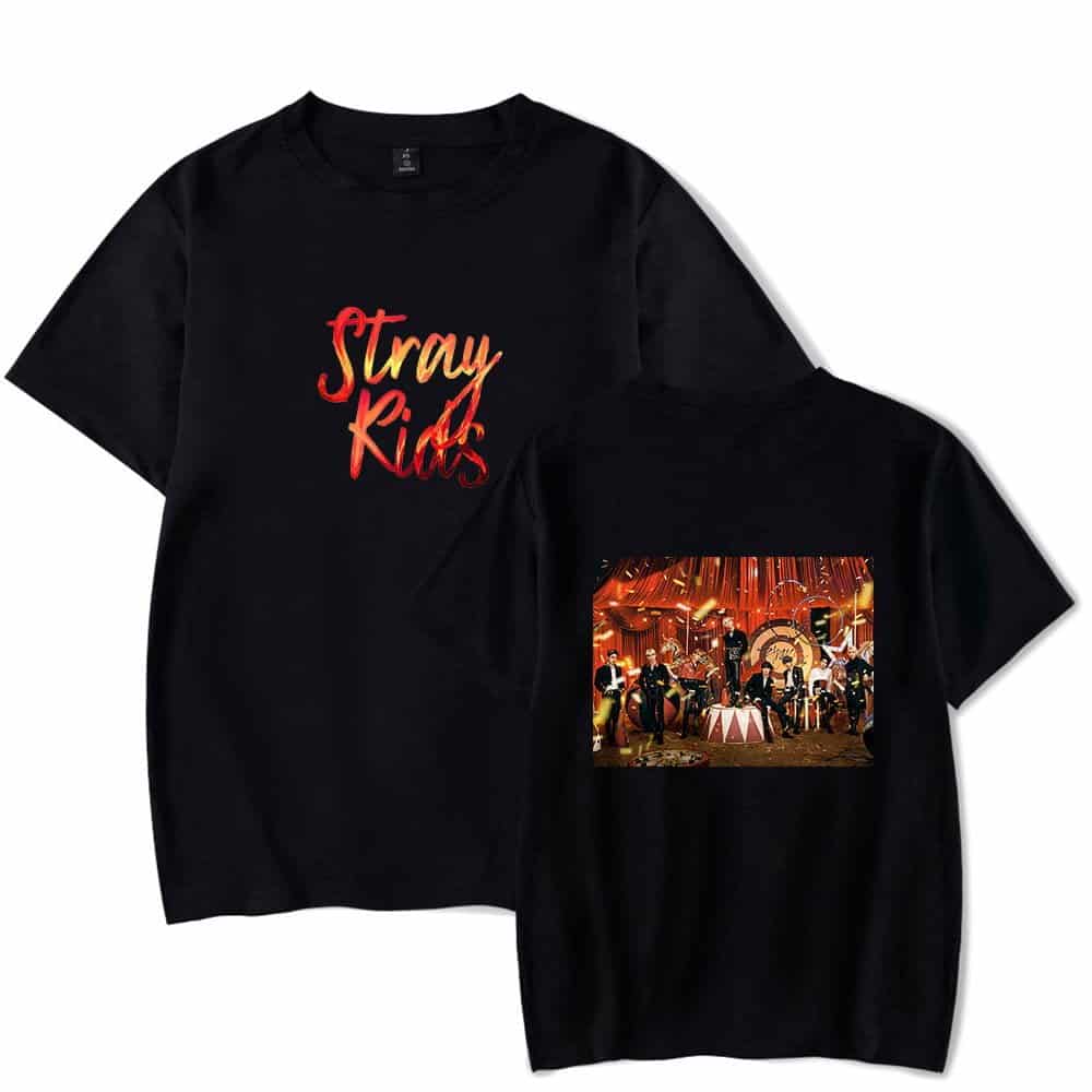 Stray Kids concert black t-shirt with colorful band graphic and bold red 'Stray Kids' text.