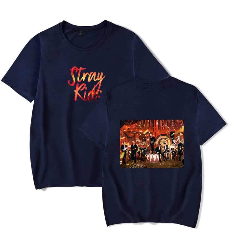 Stray Kids concert-themed graphic T-shirt with Justin Bieber swag design, navy blue color, front "Stray Kids" text in red and yellow, back image of a live performance.