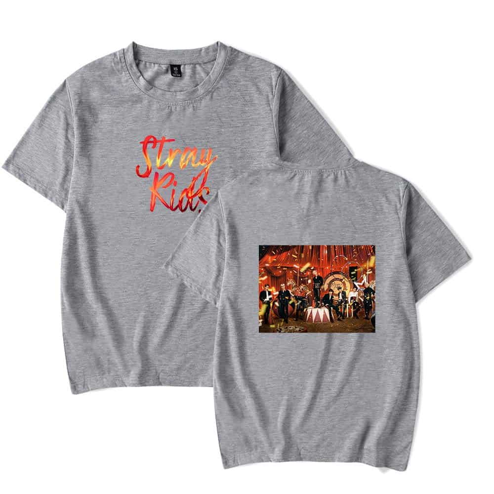 Stray Kids swag merch t-shirt with graphic design and vibrant colors.