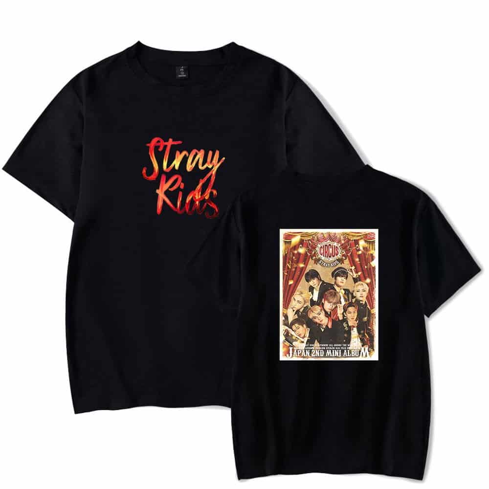 Stray Kids graphic t-shirt featuring a colorful design and text, perfect for K-pop fans and streetwear fashion. Stylish and trendy merchandise inspired by Justin Bieber swag merch culture.