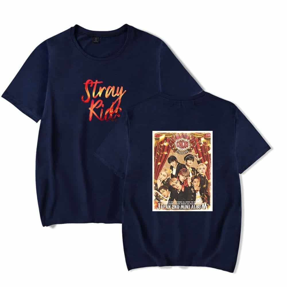 Stray Kids swag merch t-shirts with colorful designs and group photos, perfect for K-pop fans.