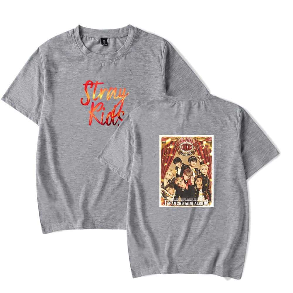 Stray Kids gray graphic T-shirt with colorful text and album print.