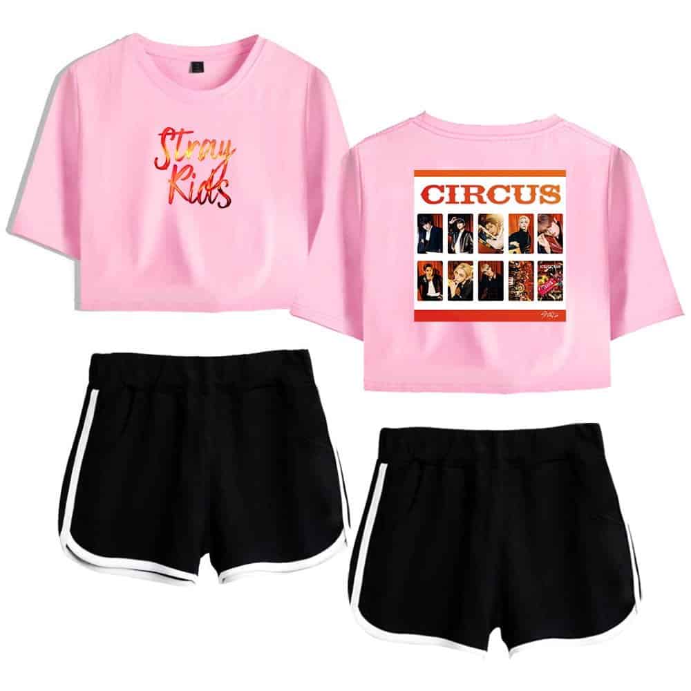 Justin Bieber swag merch pink cropped T-shirts with bold graphic designs and stylish black shorts with white trim, perfect for fans who want to showcase their love for the singer's trendy fashion style.