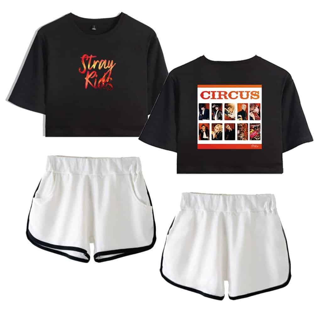 Justin Bieber swag merch black crop top with "Stray Kids" logo and another with "CIRCUS" tour photos, paired with white sporty shorts with black trim. Perfect for fans of stylish, trendy concert and streetwear fashion.