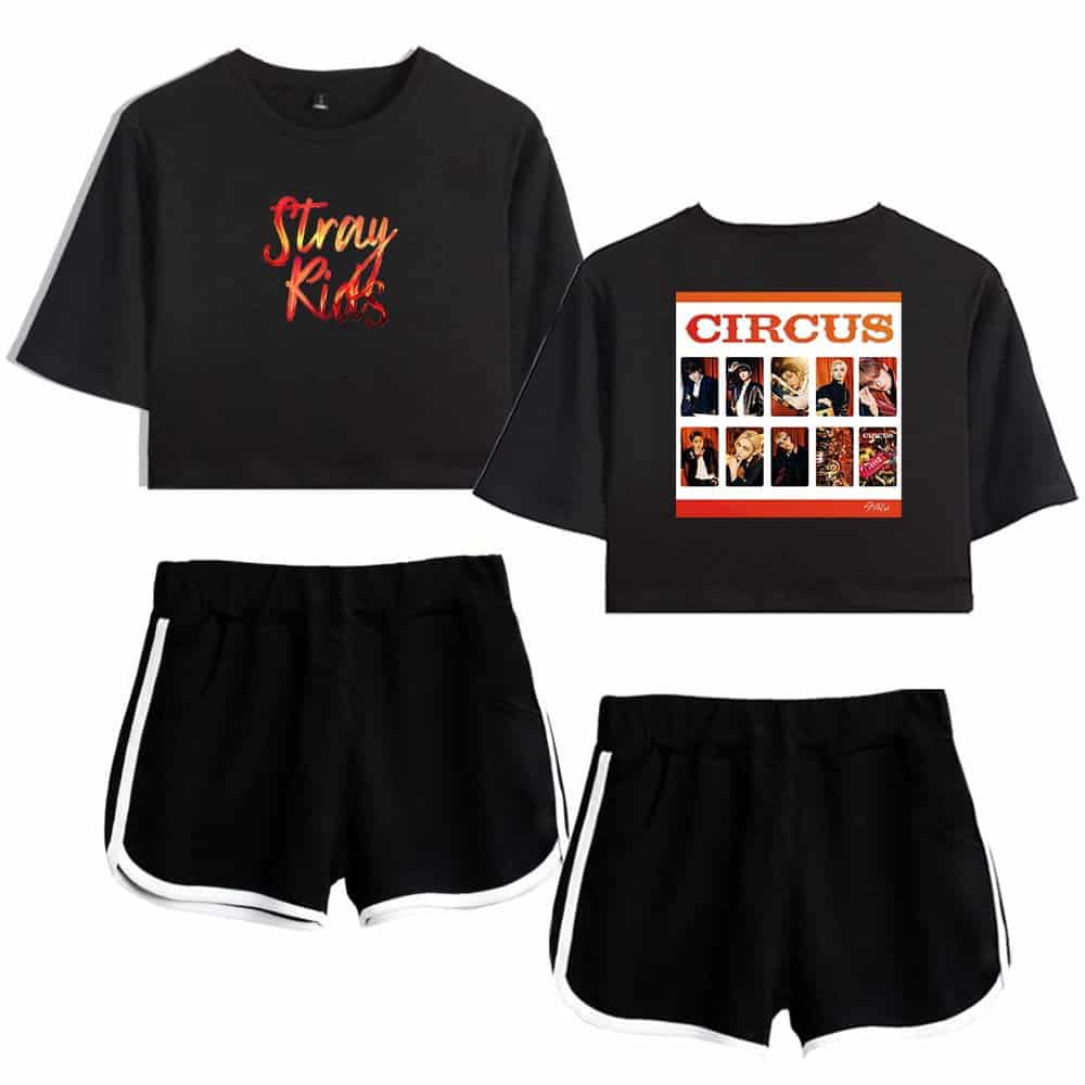Stray kids swag merch t-shirts and shorts set featuring popular K-pop group design.
