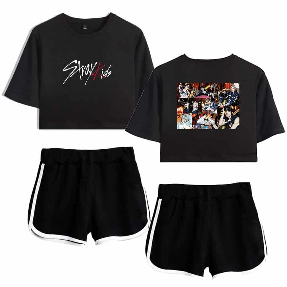Black "Justin Bieber swag merch" crop top and shorts set, featuring bold graphic designs inspired by Justin Bieber's style and music, perfect for fans looking to showcase their love for the pop star.