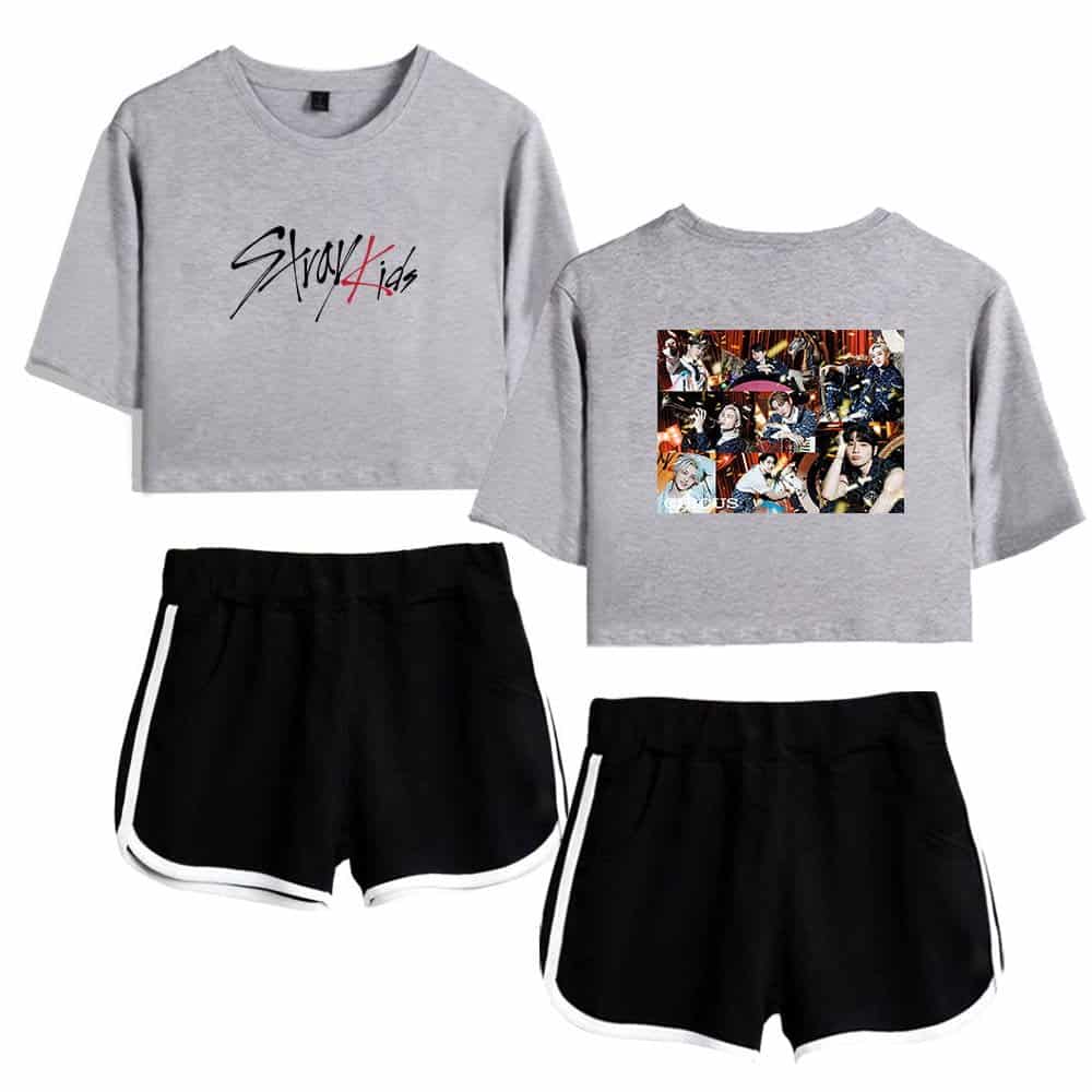 Justin Bieber swag merch crop tops and shorts set featuring the "Stray Kids" logo and images of the K-pop group, perfect for fans seeking stylish, casual streetwear inspired by popular music icons.