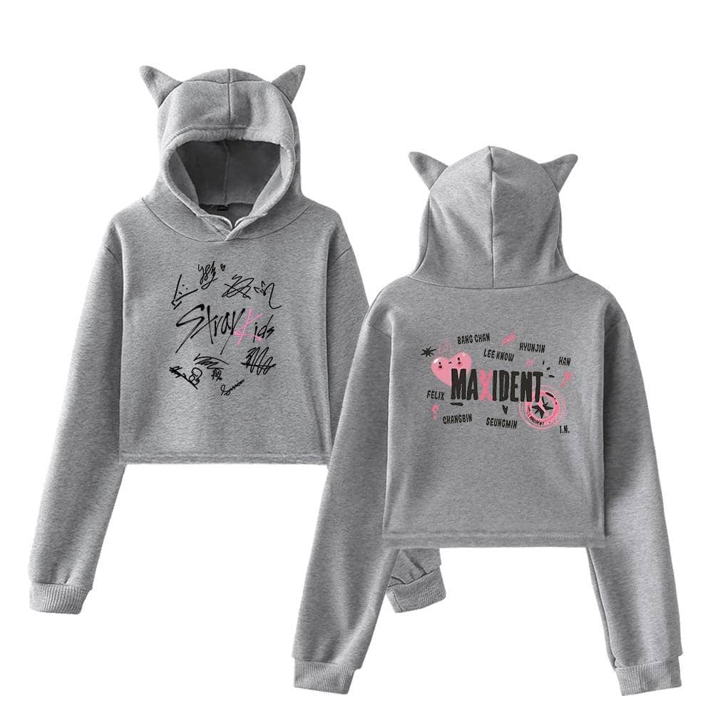 Justin Bieber inspired swag and merch set featuring a stylish gray hoodie with cute animal ears on the hood and graphic print, perfect for fans of modern streetwear and pop culture.