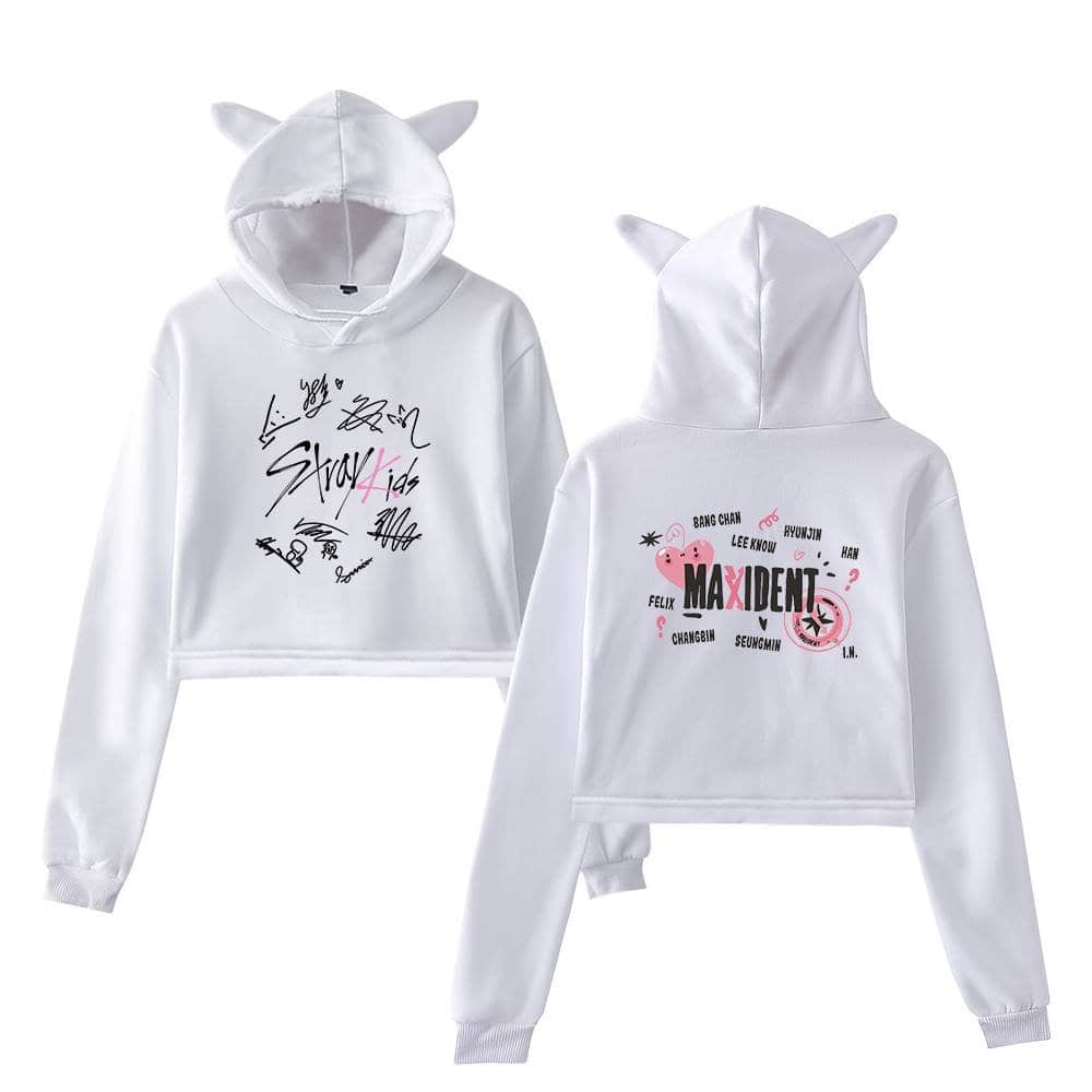 Autographed white hoodie with cat ears, featuring Justin Bieber Swag Kid and Maxident graphics, perfect for fans of K-pop and streetwear fashion.