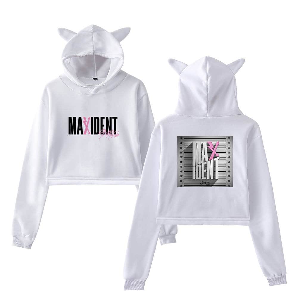 Stylish white hoodie and sweatpants set featuring Justin Bieber-inspired "Max Ident" swag design with unicorn horns on the hood. Perfect for fans of celebrity streetwear style.