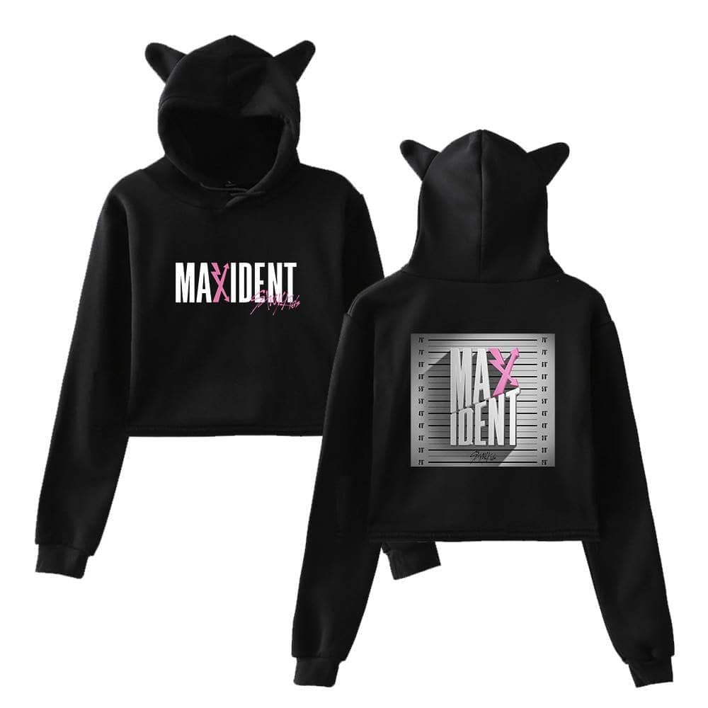 Maxidient swag hoodie with pink and white graphic print on front and back, featuring cat ear hood design.