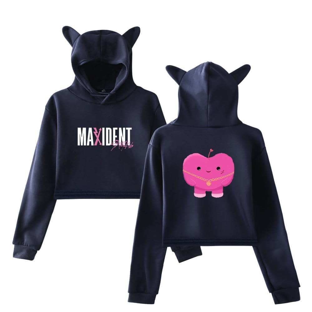 Maxidnt sweatshirt with pink logo and cartoon apple character hoodie, stylish Justin Bieber swag merch for kids and teens.