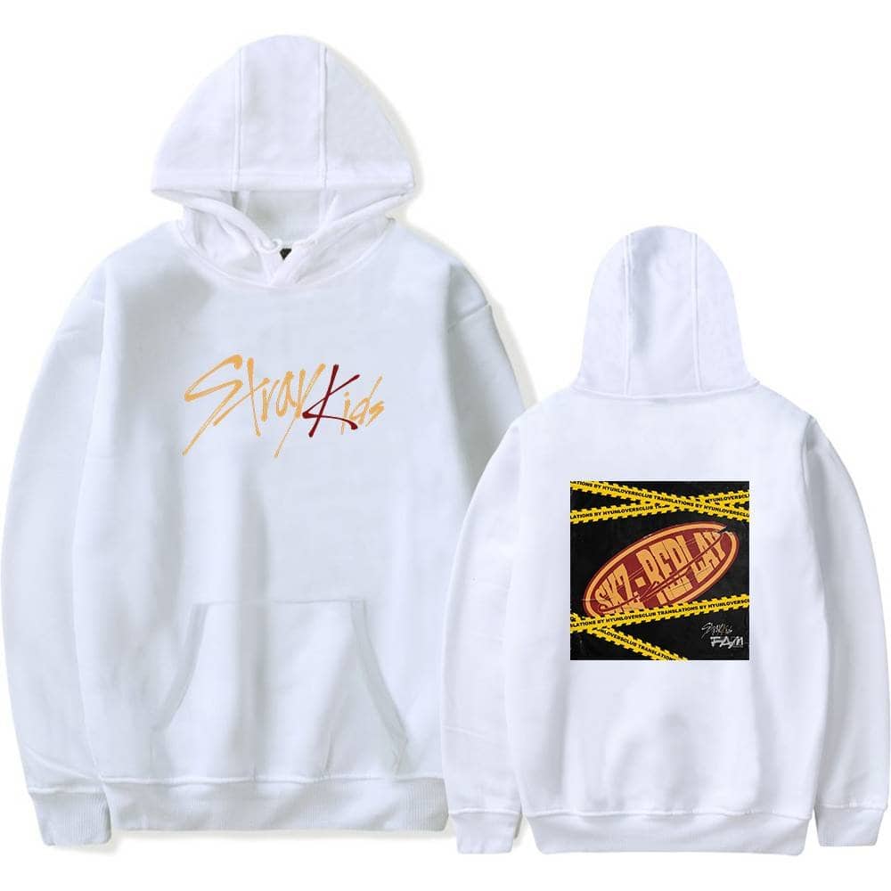 White hoodie with "Swagger Kids" graphic on front and "Sky-Ridex" logo patch on back, featuring a bold design with yellow caution tape accents for Justin Bieber swag merch.