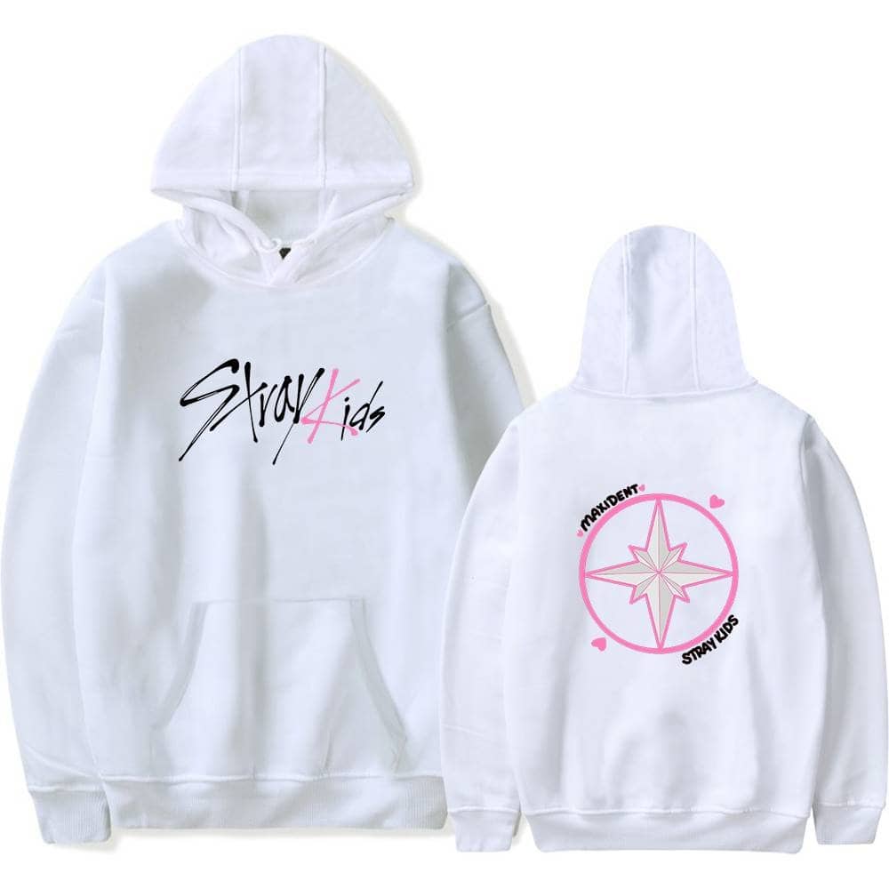 Bold white hoodie featuring "Stay Kids" text in black with pink accents on the front, and a pink star emblem with "MAXIDENT" and "Stay Kids" text surrounding it on the back, perfect for Justin Bieber swag merch.
