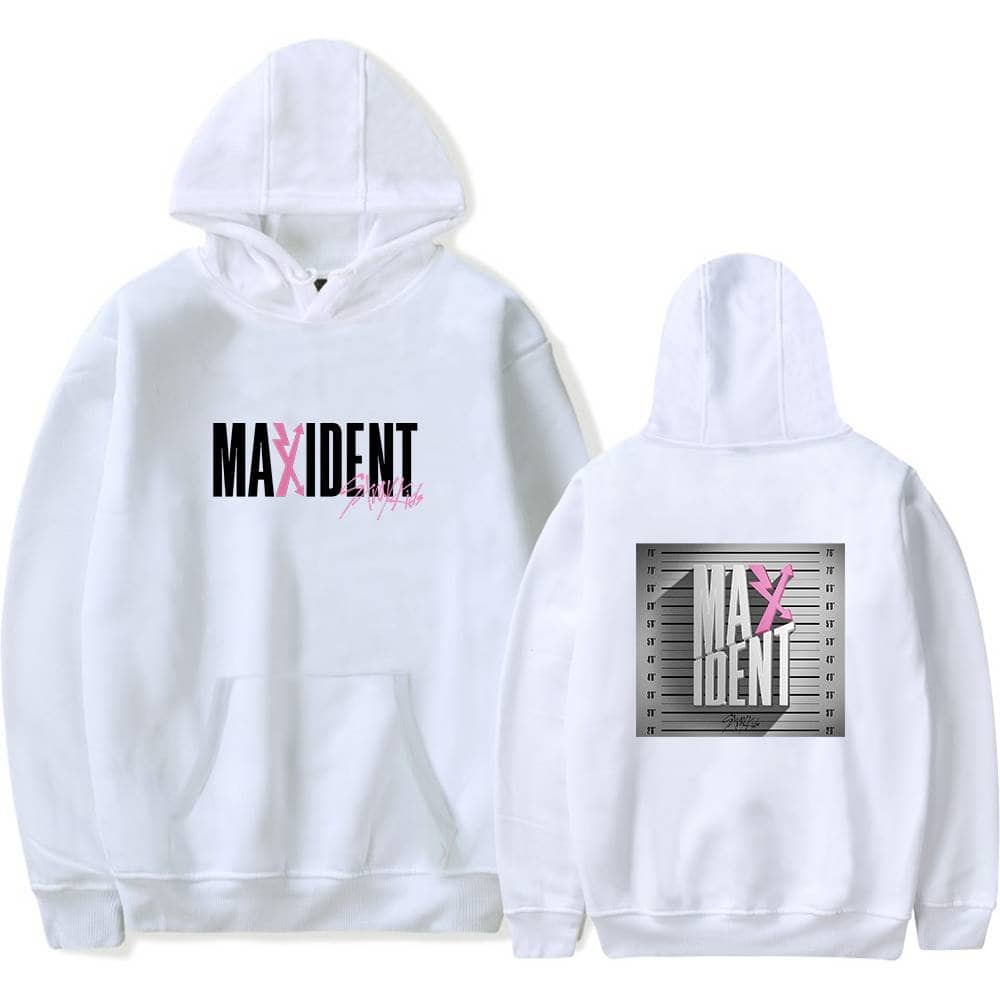 Bright white hoodie featuring "MAXIDENT" design with bold black and pink accents, perfect for Justin Bieber swag merch fans.