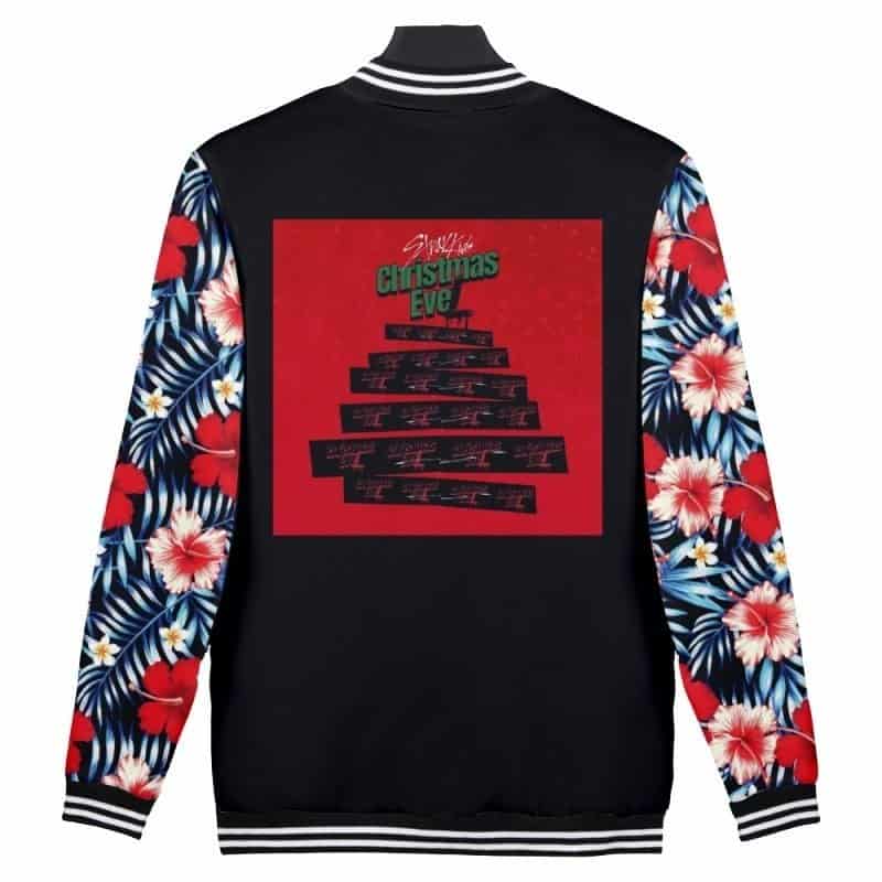 Justin Bieber swag merch Christmas Eve graphic jacket with floral sleeves and festive design.
