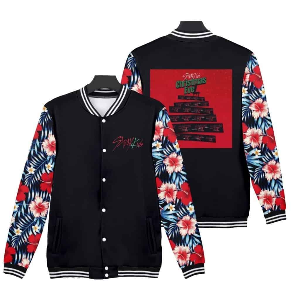 Black and floral Justin Bieber swag bomber jacket with Christmas-themed graphic and colorful sleeves, perfect for fans of trendy merch.