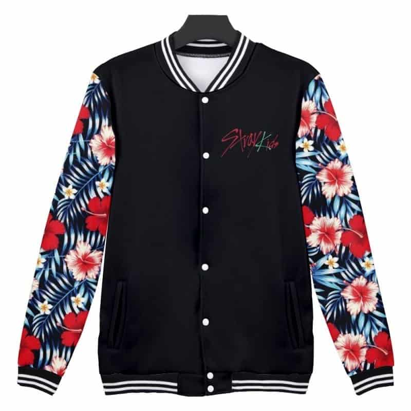 Justin Bieber swag merch varsity jacket with floral sleeves and embroidered "Swag" logo.