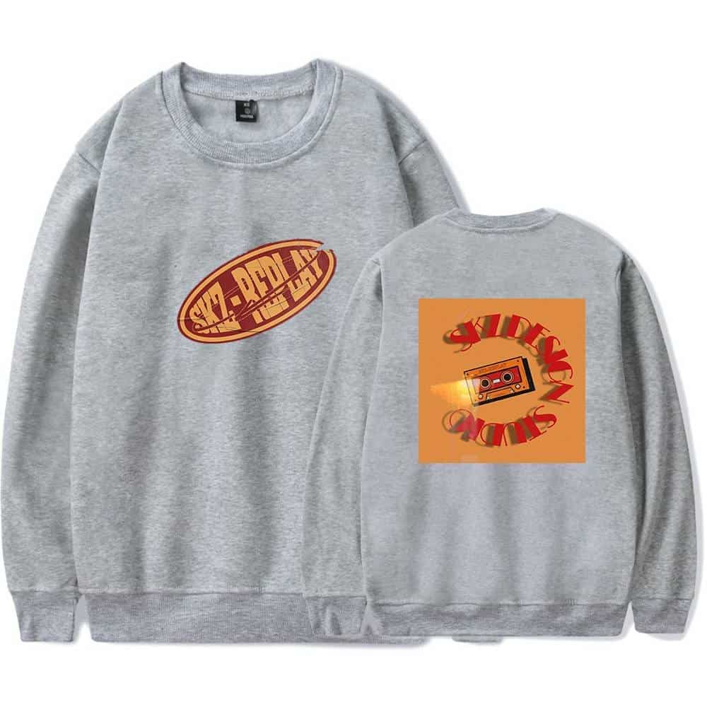 Classic grey sweatshirt featuring Justin Bieber swag merchandise logo print on front and back, inspired by 90s hip-hop and retro cassette tape designs. perfect for fans of Justin Bieber and streetwear fashion.