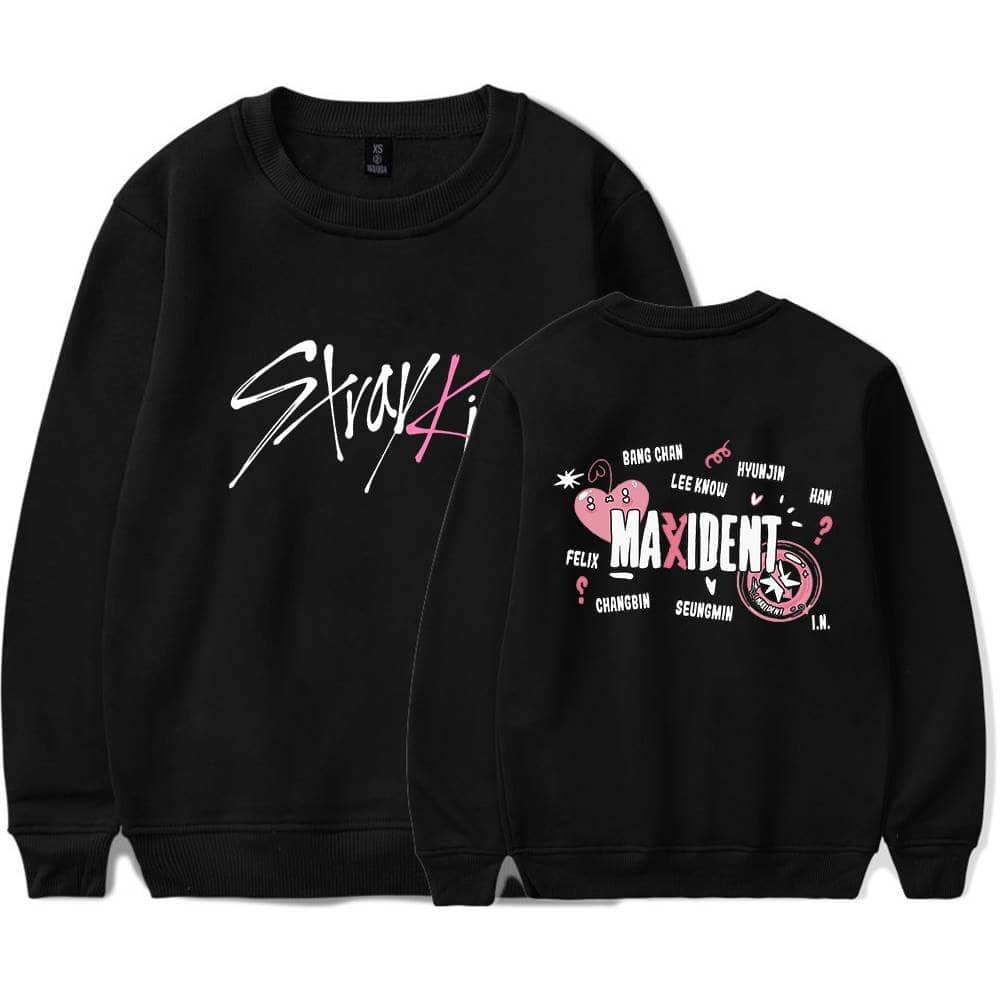 Black Justin Bieber swag merch sweatshirt with bold graphic design and K-pop inspired artwork featuring MAXIDENT and BTS members. Perfect for fans of trendy streetwear style.