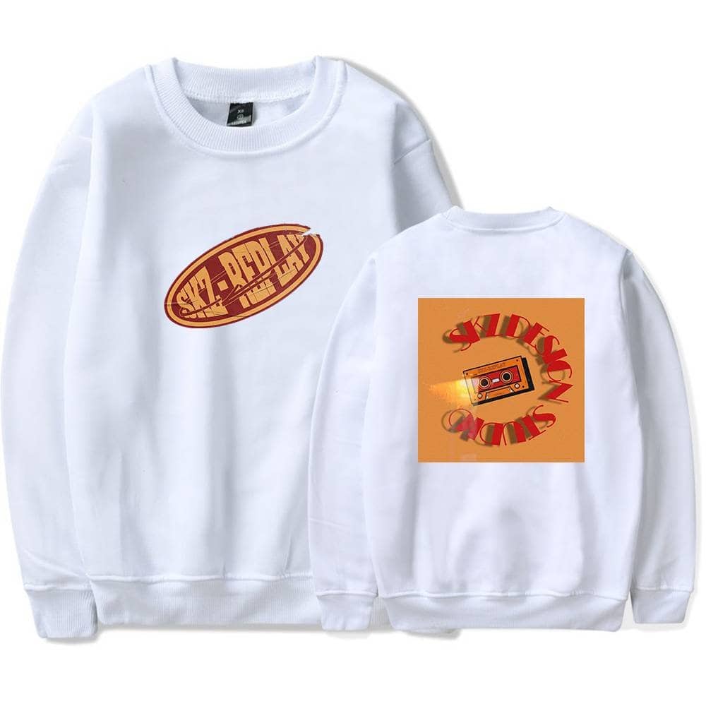 SKY-BADDIX swag merch sweatshirt with retro cassette tape design in orange and red colors. Perfect for Justin Bieber fans and streetwear enthusiasts. Unique and stylish collectible apparel.