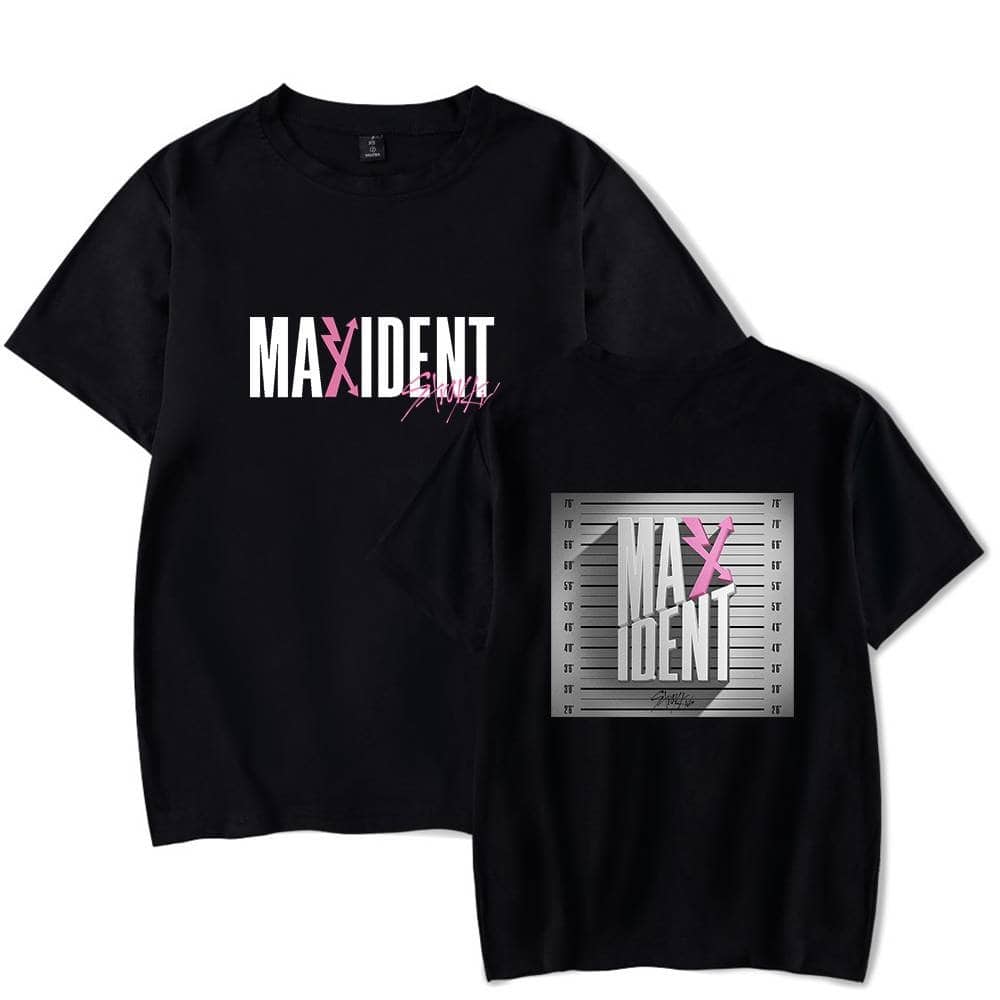 Maxidnt merchandise t-shirt with bold graphic print of the Maxidnt logo in white and pink, featuring a modern and edgy design. Suitable for fans of Justin Bieber swag merchandise.