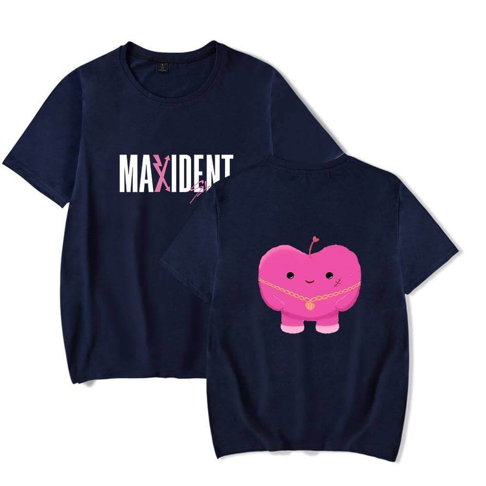 A pair of navy blue Justin Bieber swag merch T-shirts, one featuring a stylized MaxIDent logo and the other with a cute pink cartoon character wearing a gold chain.