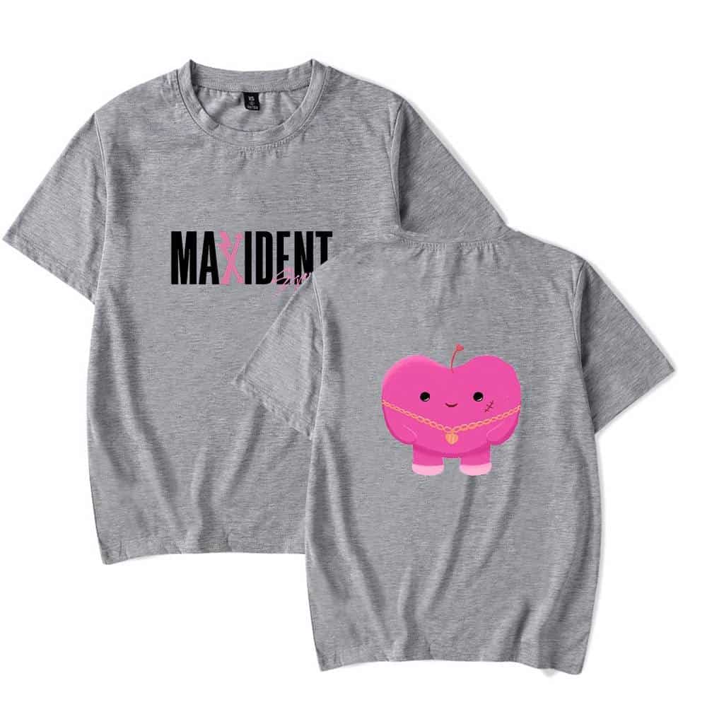 Max I Dent oversized grey T-shirt featuring bold black and pink MAXIDENT logo on the front and a cute pink character with jewelry on the back. Perfect swag merch for Justin Bieber fans.