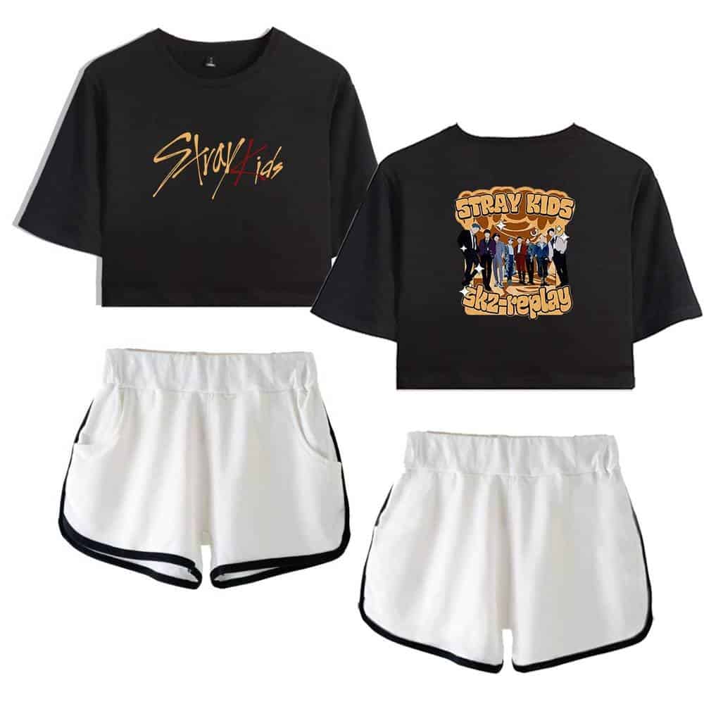 Justin Bieber swag merch inspired by Stray Kids featuring graphic crop tops and sporty shorts. Perfect for fans who love trendy, bold streetwear styles.