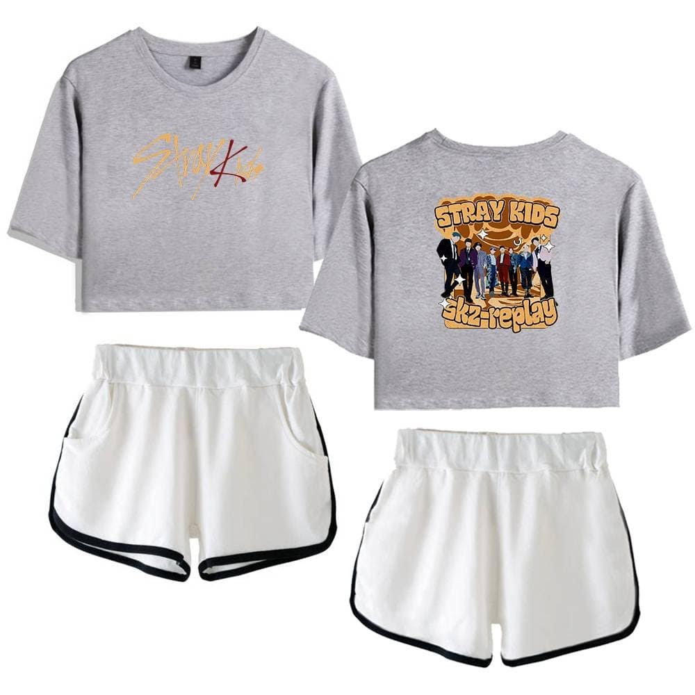 Justin Bieber swag merch cropped sweatshirt with stylish logo and Stray Kids graphic tee with a colorful band illustration.