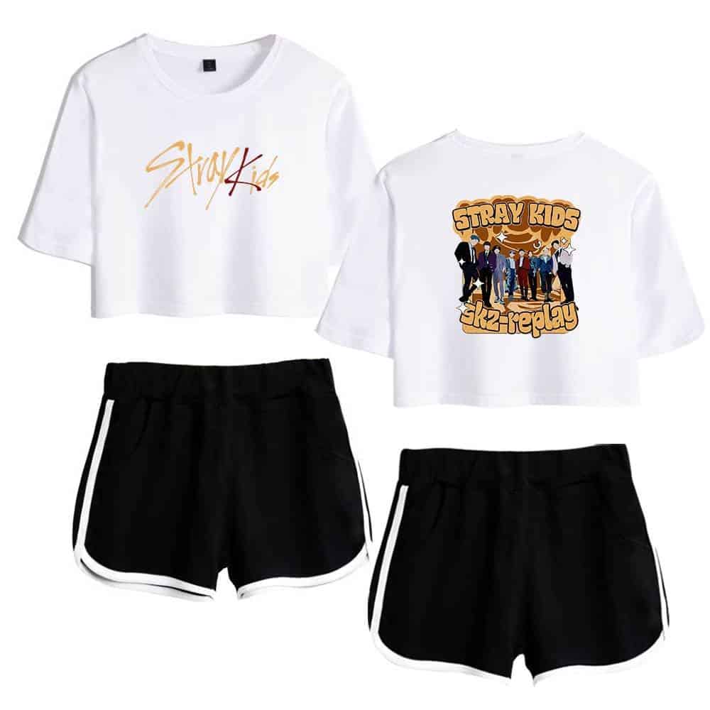 Justin Bieber swag merch, casual streetwear style featuring the Stray Kids logo on a white cropped T-shirt with black shorts with white stripes, perfect for fans of K-pop and hip-hop fashion.