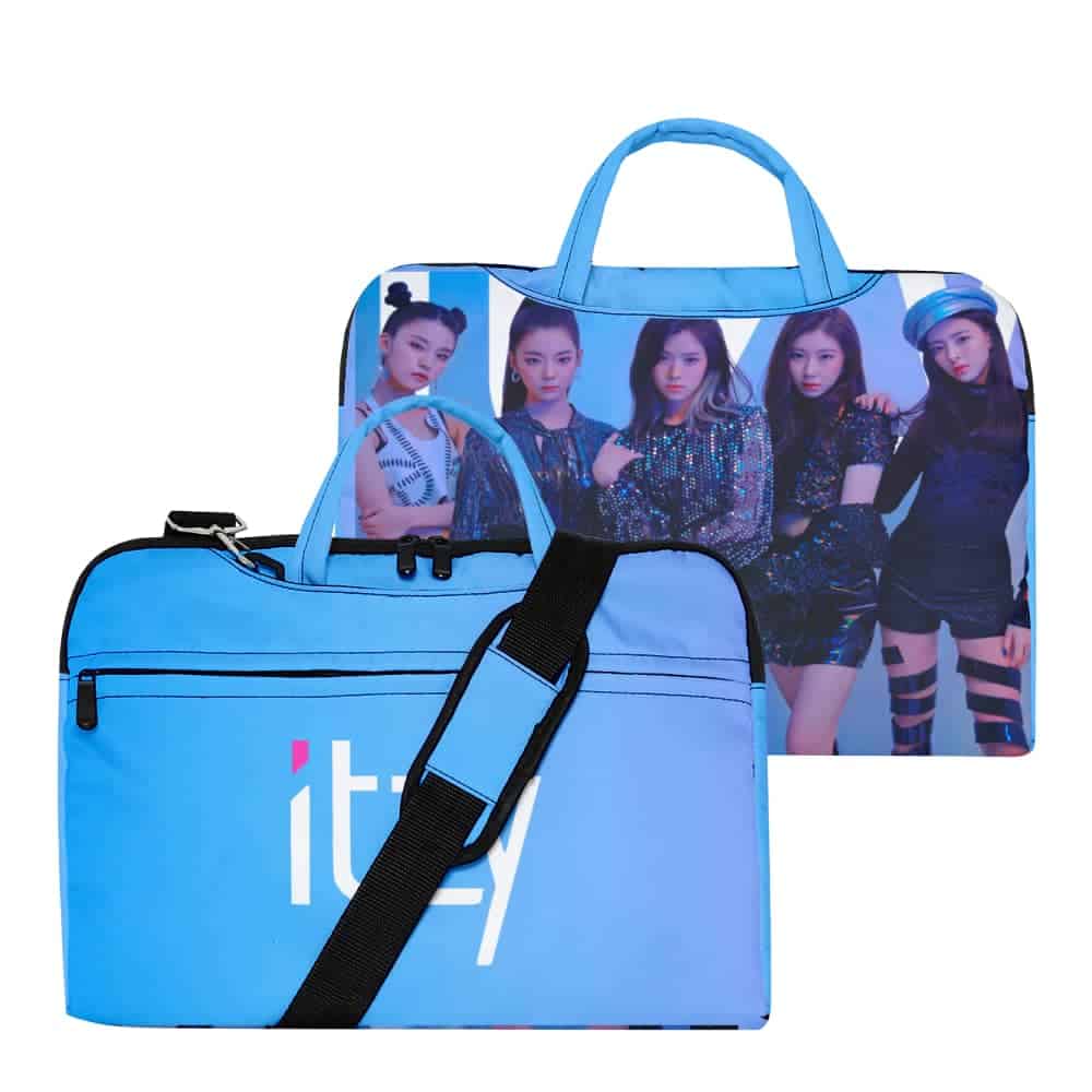 Justin Bieber swag merch tote bag featuring the girl group ITZY, with vibrant blue color and bold print, perfect for fans and streetwear enthusiasts.