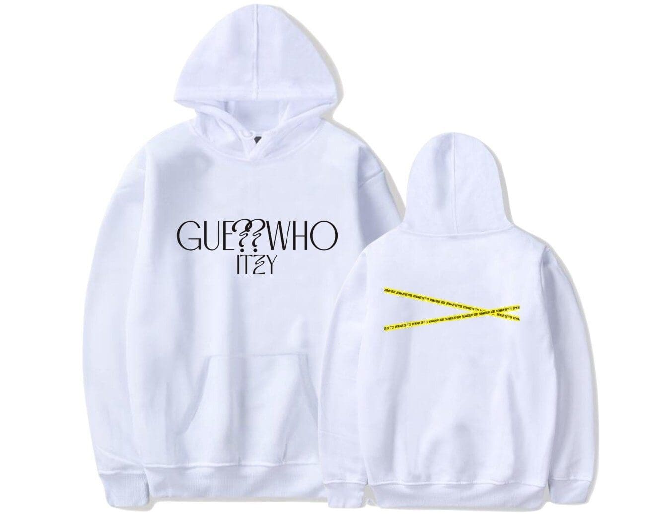 Gucci hoodie with "Guess Who Itzy" print in black and yellow tape design on the back, trendy Justin Bieber swag merch casual streetwear.