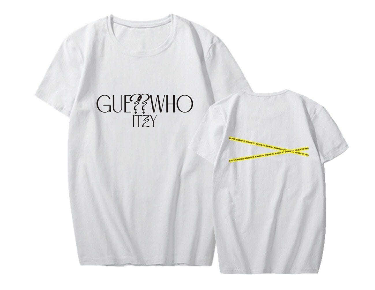 GUESS WHO ITZY t-shirt with bold black text and yellow caution tape design, trendy swag merch for fans of Justin Bieber style, perfect for streetwear or casual outfits.