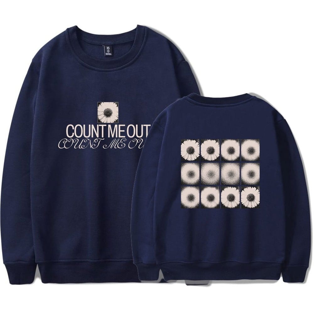 Count me out sweatshirt with daisy flower graphic and "Count Me Out" text on front, floral pattern on back, in trendy swag merch style inspired by Justin Bieber.