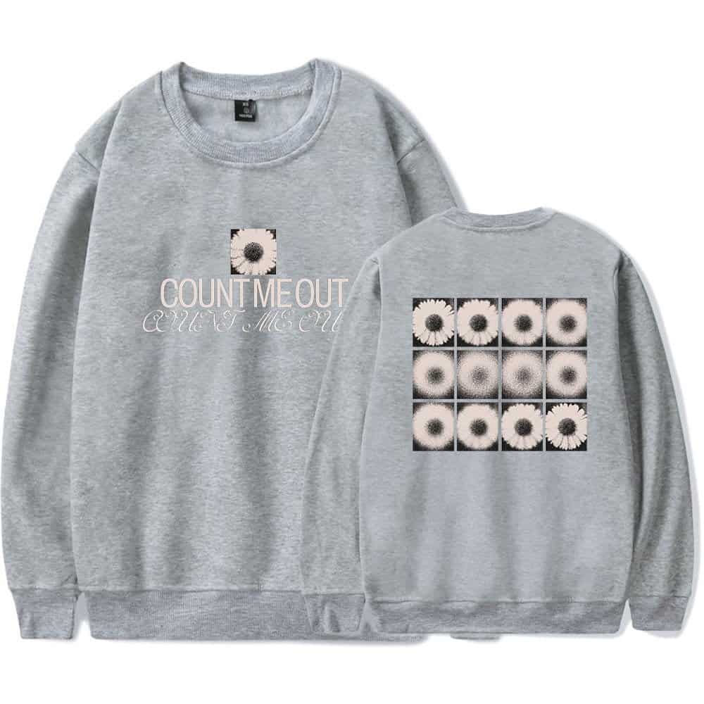 Countmeout sweatshirt with daisy graphic and stylish text.